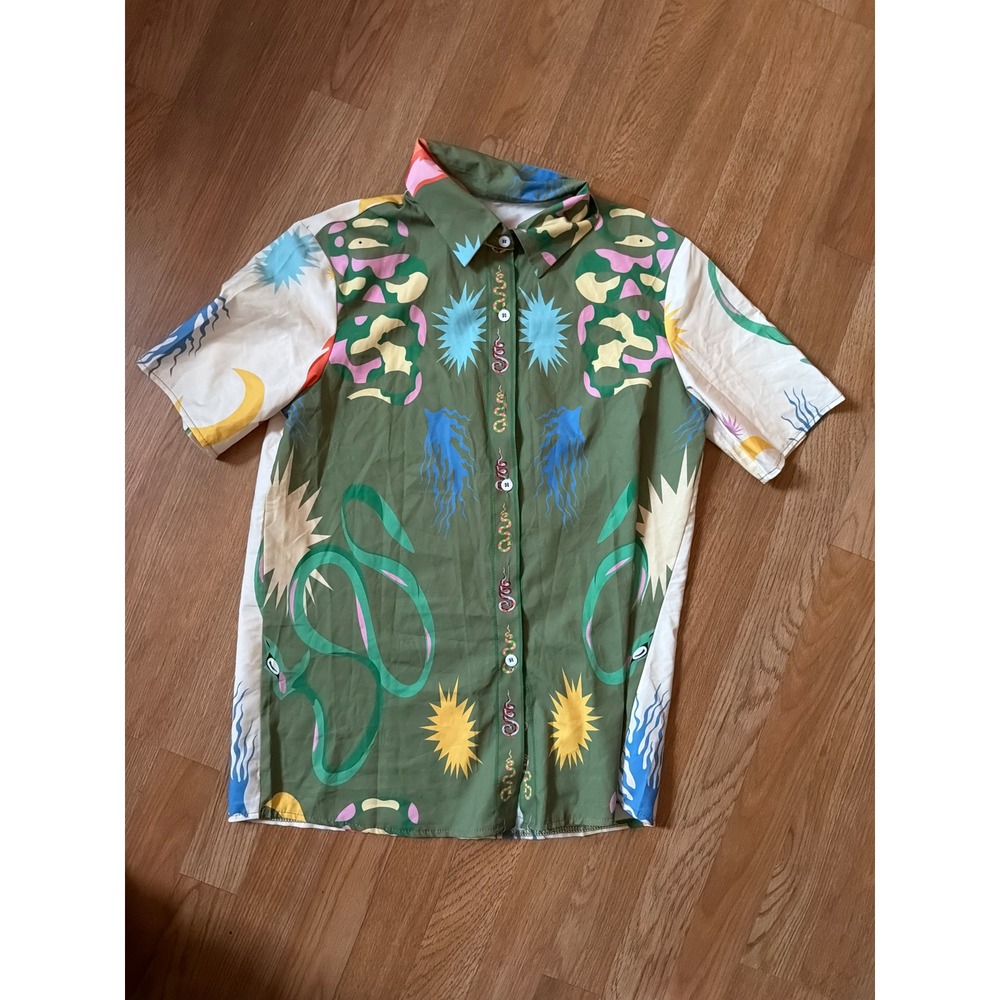 Monki Short Sleeve Graphic Button Down Shirt Green Celestial Snake Print Large